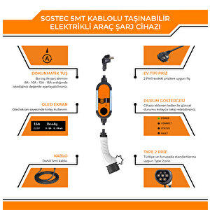 SGSTEC EV Type2 3,5kW 16A Taşınabilir Elektrikli Araç Şarj Cihazı