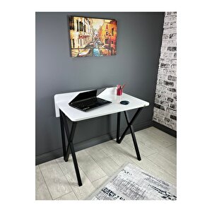 Hayal Beyaz Çalışma Masası Bilgisayar Ofis Masası Metal Siyah Ayaklı 90 Cm Beyaz
