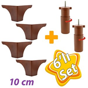 Açelya 6'lı Set 10 Cm Ceviz Mobilya Ünite Çekyat Koltuk Kanepe Ayağı 9.5 X 14.5 Cm Ayarlı M8 Destek Baza Ayak