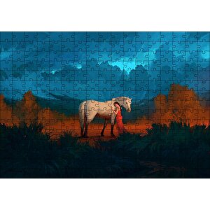 Cakapuzzle  Genç Kız Beyaz At Ve Bulutlu Gökler Puzzle Yapboz Mdf Ahşap