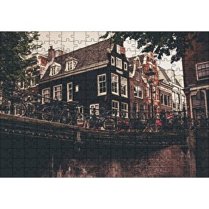 Amsterdam Kanal Üzerinde Köprü Ve Bisikletler Puzzle Yapboz Mdf Ahşap 255 Parça
