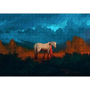 Genç Kız Beyaz At Ve Bulutlu Gökler Puzzle Yapboz Mdf Ahşap 500 Parça