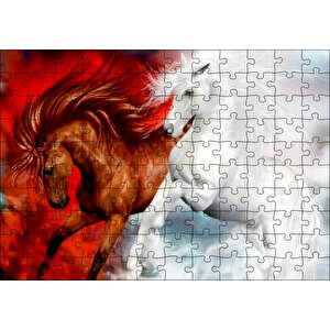 Kahverengi At Kızıl Zemin Beyaz At Beyaz Zemin Puzzle Yapboz Mdf Ahşap 120 Parça
