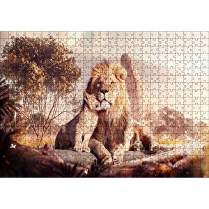 Doğada Aslan Ve Yavrusu Görseli Puzzle Yapboz Mdf Ahşap 500 Parça