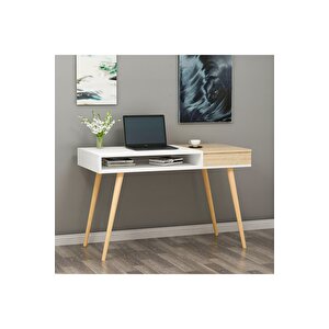 Softly Ahşap Ayaklı Çalışma Masası Beyaz- Safir Meşe