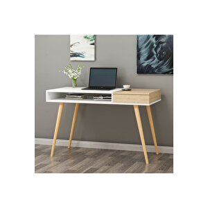 Softly Ahşap Ayaklı Çalışma Masası Beyaz- Safir Meşe