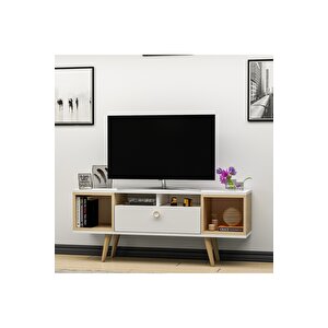 Eta Ahşap Ayaklı Tv Ünitesi 120cm Beyaz- Safir Meşe