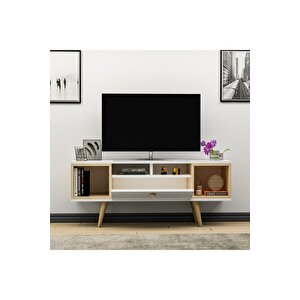 Eta Ahşap Ayaklı Tv Ünitesi 120cm Beyaz- Safir Meşe