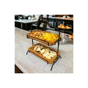 2 Katlı Ahşap Zeminliı 15x27cm Metal Standlı Ahşap Sunum Standı – İkram Ve Servis İçin Model 1