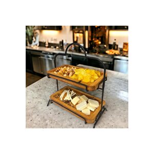 2 Katlı Ahşap Zeminliı 15x27cm Metal Standlı Ahşap Sunum Standı – İkram Ve Servis İçin Model 1
