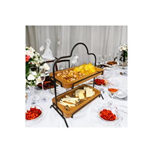 2 Katlı Ahşap Zeminliı 15x27cm Metal Standlı Ahşap Sunum Standı – İkram Ve Servis İçin Model 1