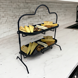 2 Katlı Siyah Melamin 13x32cm Metal Sunum Standı – İkram Ve Servis İçin Model 1 Siyah