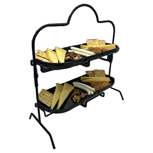 2 Katlı Siyah Melamin 13x32cm Metal Sunum Standı – İkram Ve Servis İçin Model 1 Siyah