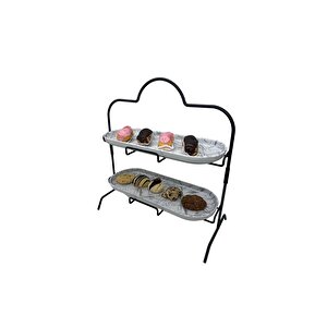 2 Katlı Beyaz Gümüş Zemin Mermer Desenli Melamin 13x32cm Metal Sunum Standı – İkram Ve Servis İçin Model 1 Siyah