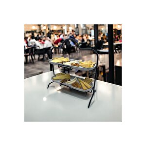 2 Katlı Beyaz Gümüş Zemin Mermer Desenli Melamin 13x32cm Metal Sunum Standı – İkram Ve Servis İçin Model 1 Siyah