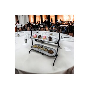 2 Katlı Beyaz Gümüş Zemin Mermer Desenli Melamin 13x32cm Metal Sunum Standı – İkram Ve Servis İçin Model 1 Siyah