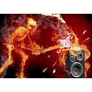 İskelet Gitarist Alevler İçinde Puzzle Yapboz Mdf Ahşap 500 Parça