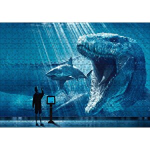 Megalodon Büyük Beyaz Köpek Balığı Ve İnsan Puzzle Yapboz Mdf Ahşap 500 Parça