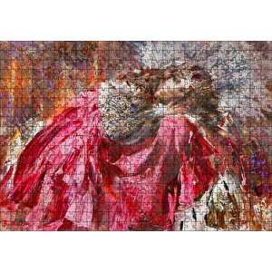 Kırmızı Beyaz Taşlı Elbiseli Kraliçe Puzzle Yapboz Mdf Ahşap 500 Parça