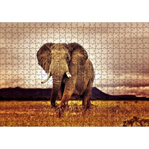 Savana'da Günbatımı Ve Erkek Fil Puzzle Yapboz Mdf Ahşap 500 Parça