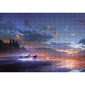 Mor Bulutlu Gökler Ve Göl Kıyısında Koşan Atlar Puzzle Yapboz Mdf Ahşap 255 Parça