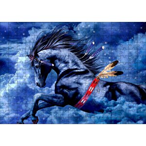 Siyah Kızılderili Atı Ve Bulutlu Gökler Puzzle Yapboz Mdf Ahşap 255 Parça