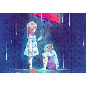 Yağmurda Kırmızı Şemsiyeli Küçük Kız Ve Erkek Çizim Puzzle Yapboz Mdf Ahşap 120 Parça