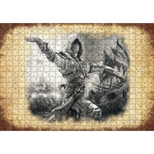 Karakalem Silahlı Korsan Ve Arkada Gemisi Puzzle Yapboz Mdf Ahşap 500 Parça