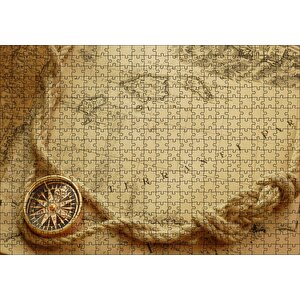 Eski Harita, Keten Halat Ve Pusula Puzzle Yapboz Mdf Ahşap 500 Parça