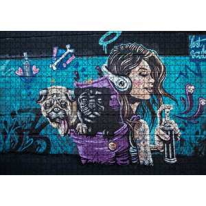 Graffitici Kız Ve Çantasında Köpekler Duvar Boyama Puzzle Yapboz Mdf Ahşap 1000 Parça
