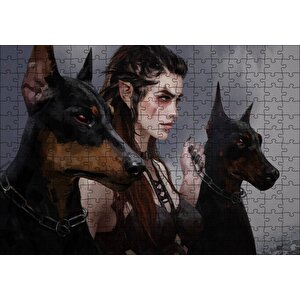 Elf Kızı Ve İki Doberman Köpeği Puzzle Yapboz Mdf Ahşap 255 Parça