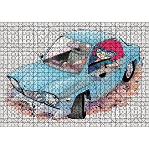 Sevimli Mavi Aracıyla Gözlüklü Anne Puzzle Yapboz Mdf Ahşap 1000 Parça