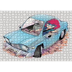 Sevimli Mavi Aracıyla Gözlüklü Anne Puzzle Yapboz Mdf Ahşap 500 Parça