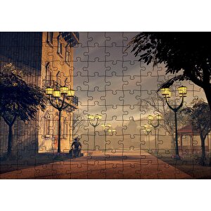 Sokak Lambaları Bulutlar Ve Şapkalı Adam Puzzle Yapboz Mdf Ahşap 120 Parça