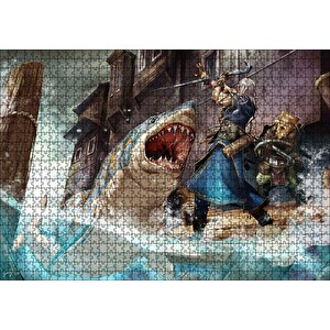 Vikingler Ve Saldıran Köpekbalığı İllüstrasyon Puzzle Yapboz Mdf Ahşap 1000 Parça