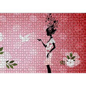 Beyaz Elbiseli Kadın Ve Güvercin Puzzle Yapboz Mdf Ahşap 1000 Parça