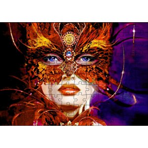 Kırmızı Tüylü Maskeli Kadın Görseli Puzzle Yapboz Mdf Ahşap 120 Parça