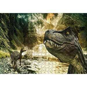 Tyrannosaurus Rex Ve Raptor Nehir Kenarında Puzzle Yapboz Mdf Ahşap 500 Parça