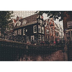 Amsterdam Kanal Üzerinde Köprü Ve Bisikletler Puzzle Yapboz Mdf Ahşap 1000 Parça