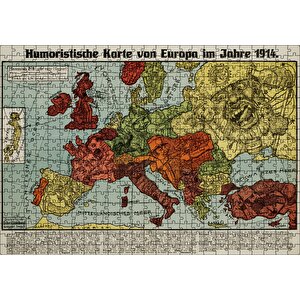 Avrupa Haritası Çizimi 1914 Mizahi Puzzle Yapboz Mdf Ahşap 500 Parça