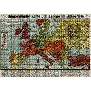 Avrupa Haritası Çizimi 1914 Mizahi Puzzle Yapboz Mdf Ahşap 1000 Parça
