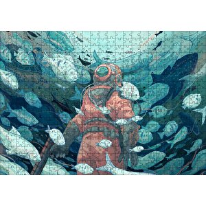 Giysisi Ve Zıpkınıyla Balıklar Arasındaki Dalgıç Puzzle Yapboz Mdf Ahşap 500 Parça