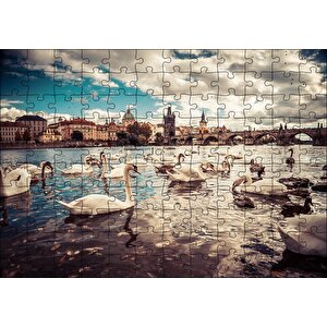 Prag Charles Köprüsü Ve Kuğular Puzzle Yapboz Mdf Ahşap 120 Parça