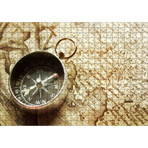 Eski Harita Ve Üzerinde Pusula Puzzle Yapboz Mdf Ahşap 500 Parça