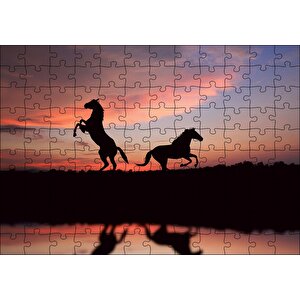 Günbatımında Kızıl Gökler Ve Bir Çift At Puzzle Yapboz Mdf Ahşap 120 Parça