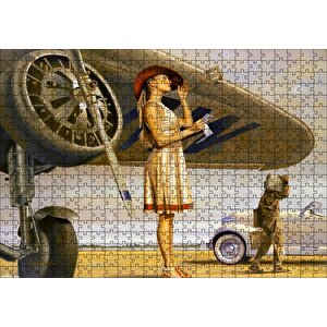 Eski Uçak Ve Beyaz Elbiseli Mektup Okuyan Kadın Puzzle Yapboz Mdf Ahşap 500 Parça