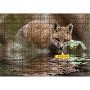 Göldeki Sarı Çiçeği İzleyen Yavru Tilki Puzzle Yapboz Mdf Ahşap 1000 Parça