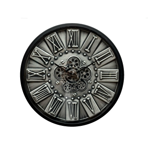 Çarklı Saat Çap60 Anti̇k Si̇yah-Gümüş Eski̇tme