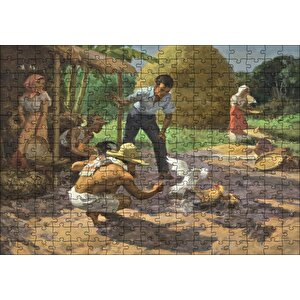 Horoz Dövüştüren Köylüler Ve Saman Yığınları Puzzle Yapboz Mdf Ahşap 255 Parça