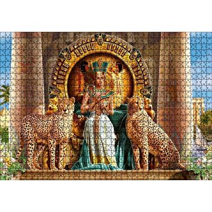 Antik Mısır'da Nefertiti Ve Tahtın Yanında Çitalar Puzzle Yapboz Mdf Ahşap 1000 Parça